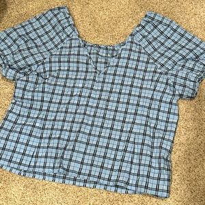 NWT J. Crew Cute Blue Black Plaid Short Sleeve Deep V-Back Zip Crop Blouse